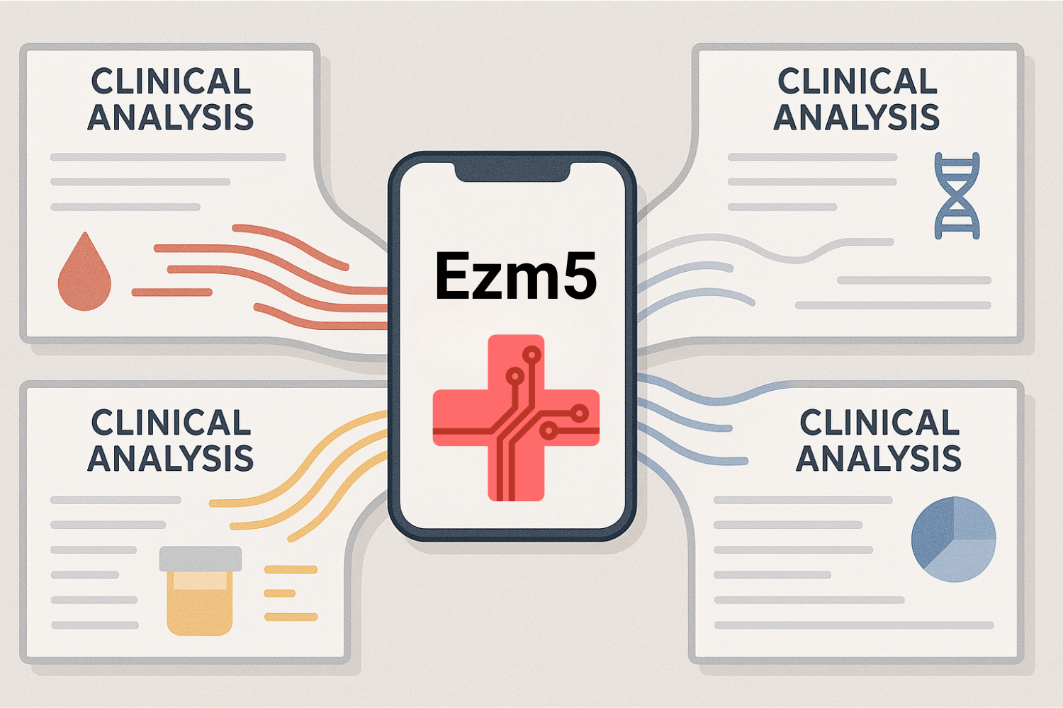 Four different laboratory and clinical exam reports converging to the center where a smartphone is consolidating all data in the Ezm5 web app