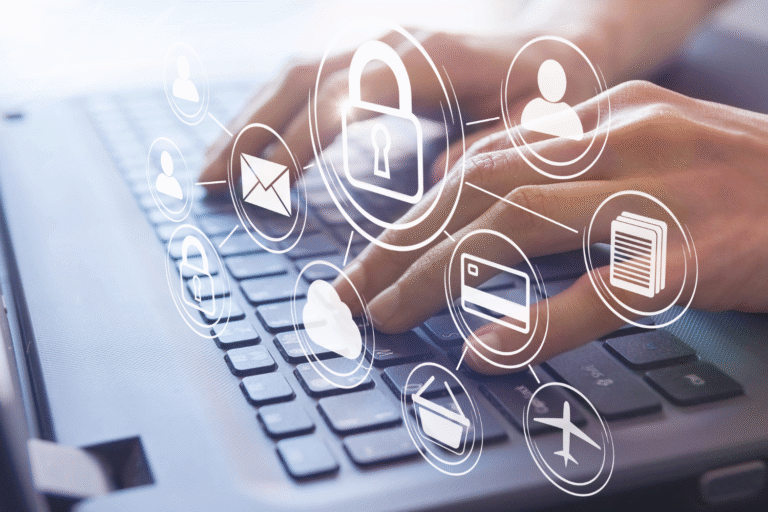 Image of a laptop keyboard with a hand typing, and icons showing diverse internet services surrounding a padlock