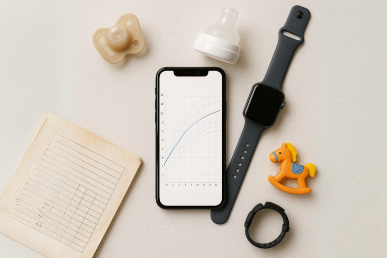 Modern parents tracking child's data with a smartphone instead of a paper record