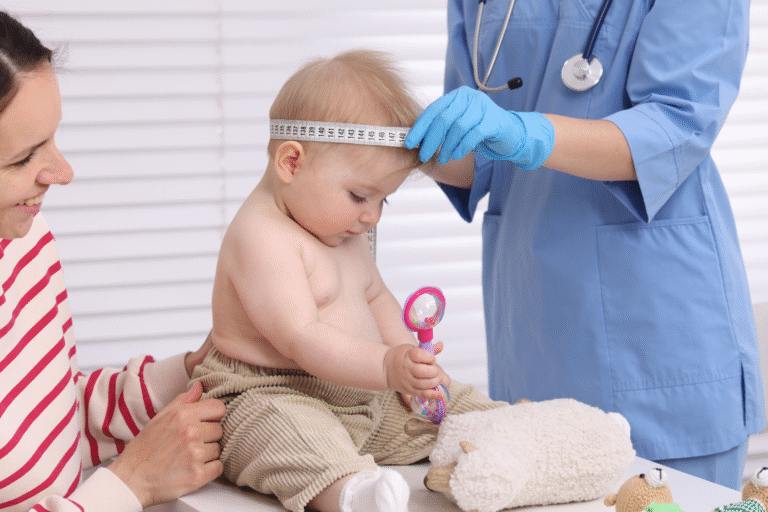 Doctor measuring and parent tracking paediatric growth in a consultation.