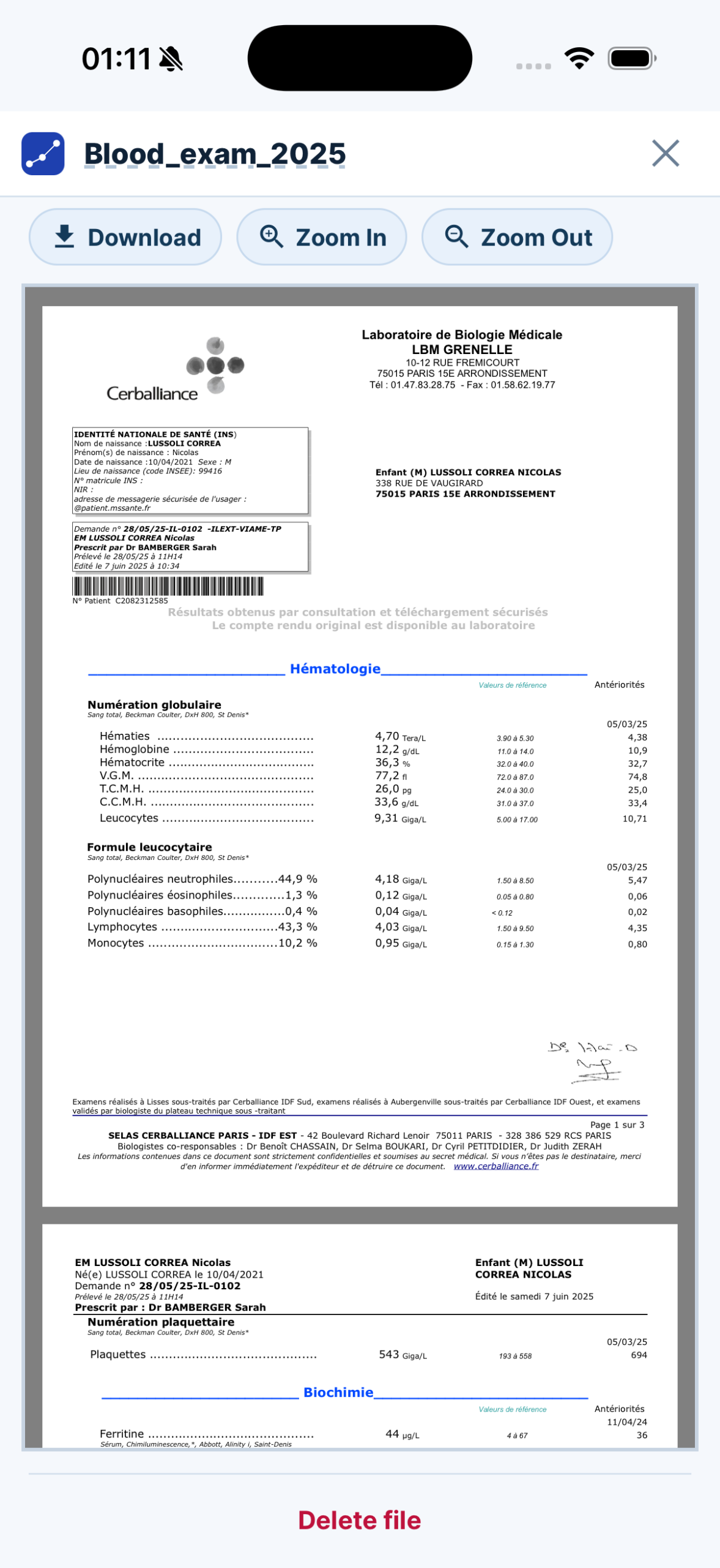 EZM5 document preview showing a stored medical file.