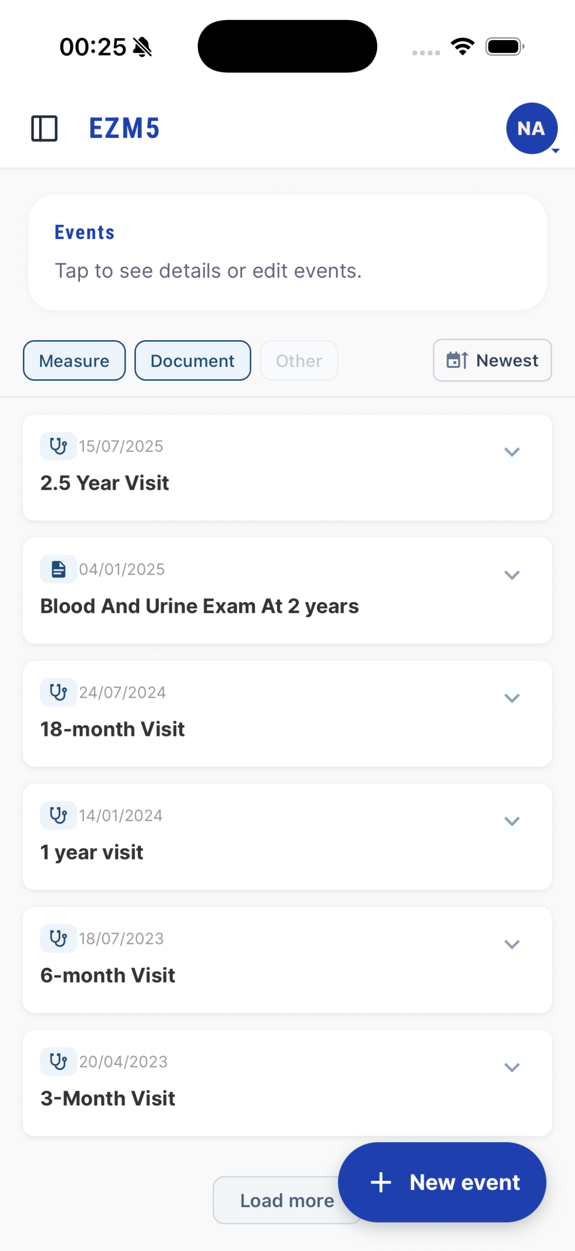EZM5 events timeline showing ordered health events.